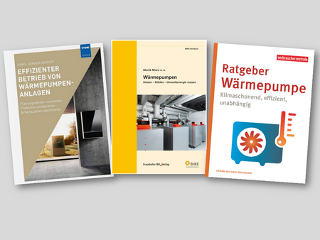 Drei Buchcover zum Thema Wärmepumpen. Links: "Effizienter Betrieb von Wärmepumpen-Anlagen". Mitte: "Wärmepumpen – Heizen, Kühlen, Umweltenergie nutzen". Rechts: "Ratgeber Wärmepumpe – Klimaschonend, effizient, unabhängig". Die Cover sind in verschiedenen Farben und Designs gestaltet.